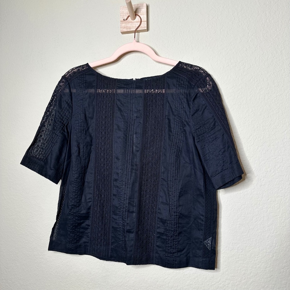 Theory Black Cotton Eyelet Lace Pintuck Blouse Short Sleeve Zip Back Top Large